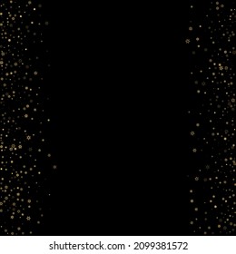 Falling Snow flakes golden pattern. Illustration with flying gold snow, frost, snowfall. Winter print for christmas celebration on black night background. Holiday Vector illustration for New Year.