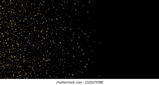 Falling Snow flakes golden pattern. Illustration with flying gold snow, frost, snowfall. Winter print for christmas celebration on black night background. Holiday Vector illustration for New Year.