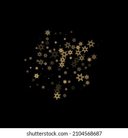 La nieve en caída tiñe un patrón dorado. Ilustración con nieve de oro volando, helada, nevada. Impresión de invierno para celebración de navidad en el fondo negro de la noche. Ilustración del vector de vacaciones para Año Nuevo.