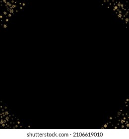 Falling Snow flakes golden pattern. Illustration with flying gold snow, frost, snowfall. Winter print for christmas celebration on black night background. Holiday Vector illustration for New Year.