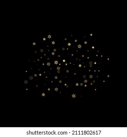Falling Snow flakes golden pattern. Illustration with flying gold snow, frost, snowfall. Winter print for christmas celebration on black night background. Holiday Vector illustration for New Year.