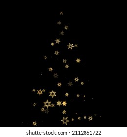 Falling Snow flakes golden pattern. Illustration with flying gold snow, frost, snowfall. Winter print for christmas celebration on black night background. Holiday Vector illustration for New Year.