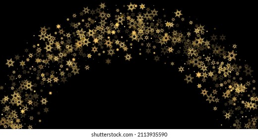 La nieve en caída tiñe un patrón dorado. Ilustración con nieve de oro volando, helada, nevada. Impresión de invierno para celebración de navidad en el fondo negro de la noche. Ilustración del vector de vacaciones para Año Nuevo.