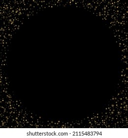 Falling Snow flakes golden pattern. Illustration with flying gold snow, frost, snowfall. Winter print for christmas celebration on black night background. Holiday Vector illustration for New Year.