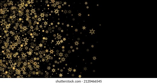 Falling Snow flakes golden pattern. Illustration with flying gold snow, frost, snowfall. Winter print for christmas celebration on black night background. Holiday Vector illustration for New Year.