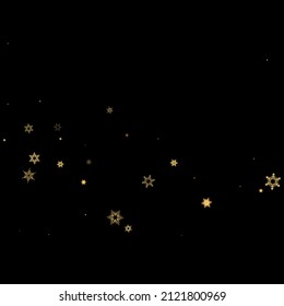 Falling Snow flakes golden pattern. Illustration with flying gold snow, frost, snowfall. Winter print for christmas celebration on black night background. Holiday Vector illustration for New Year.