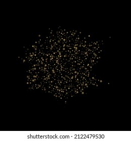 Falling Snow flakes golden pattern. Illustration with flying gold snow, frost, snowfall. Winter print for christmas celebration on black night background. Holiday Vector illustration for New Year.
