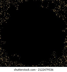 Falling Snow flakes golden pattern. Illustration with flying gold snow, frost, snowfall. Winter print for christmas celebration on black night background. Holiday Vector illustration for New Year.