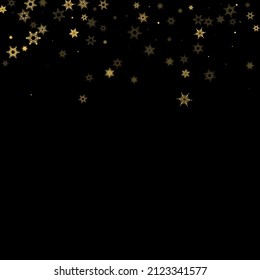 Falling Snow flakes golden pattern. Illustration with flying gold snow, frost, snowfall. Winter print for christmas celebration on black night background. Holiday Vector illustration for New Year.