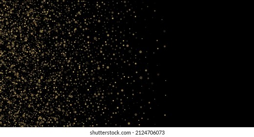 Fallender Schnee flattert goldenes Muster. Illustration mit fliegendem Goldschnee, Frost, Schneefall. Winterdruck für Weihnachten auf schwarzem Nachthintergrund. Ferienvektorgrafik für Neujahr.