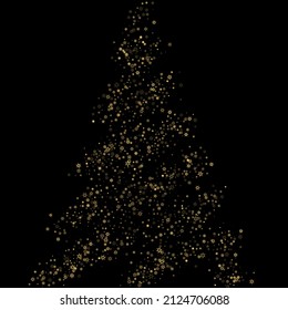 Fallender Schnee flattert goldenes Muster. Illustration mit fliegendem Goldschnee, Frost, Schneefall. Winterdruck für Weihnachten auf schwarzem Nachthintergrund. Ferienvektorgrafik für Neujahr.