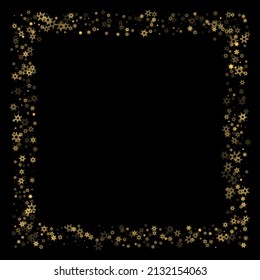 Falling Snow flakes golden pattern. Illustration with flying gold snow, frost, snowfall. Winter print for christmas celebration on black night background. Holiday Vector illustration for New Year.