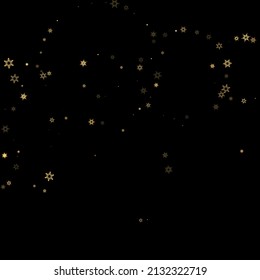 Falling Snow flakes golden pattern. Illustration with flying gold snow, frost, snowfall. Winter print for christmas celebration on black night background. Holiday Vector illustration for New Year.