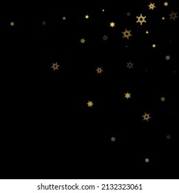Falling Snow flakes golden pattern. Illustration with flying gold snow, frost, snowfall. Winter print for christmas celebration on black night background. Holiday Vector illustration for New Year.