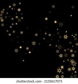 Falling Snow flakes golden pattern. Illustration with flying gold snow, frost, snowfall. Winter print for christmas celebration on black night background. Holiday Vector illustration for New Year.