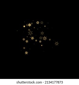 Falling Snow flakes golden pattern. Illustration with flying gold snow, frost, snowfall. Winter print for christmas celebration on black night background. Holiday Vector illustration for New Year.