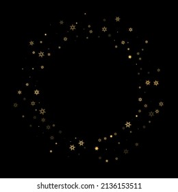 Falling Snow flakes golden pattern. Illustration with flying gold snow, frost, snowfall. Winter print for christmas celebration on black night background. Holiday Vector illustration for New Year.