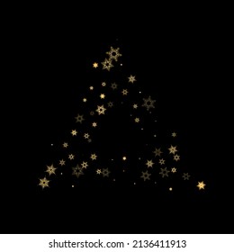 Fallender Schnee flattert goldenes Muster. Illustration mit fliegendem Goldschnee, Frost, Schneefall. Winterdruck für Weihnachten auf schwarzem Nachthintergrund. Ferienvektorgrafik für Neujahr.