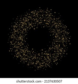Falling Snow flakes golden pattern. Illustration with flying gold snow, frost, snowfall. Winter print for christmas celebration on black night background. Holiday Vector illustration for New Year.