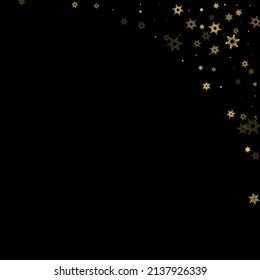 La nieve en caída tiñe un patrón dorado. Ilustración con nieve de oro volando, helada, nevada. Impresión de invierno para celebración de navidad en el fondo negro de la noche. Ilustración del vector de vacaciones para Año Nuevo.