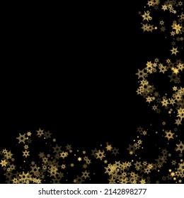 Falling Snow flakes golden pattern. Illustration with flying gold snow, frost, snowfall. Winter print for christmas celebration on black night background. Holiday Vector illustration for New Year.