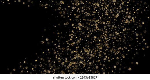 Falling Snow flakes golden pattern. Illustration with flying gold snow, frost, snowfall. Winter print for christmas celebration on black night background. Holiday Vector illustration for New Year.