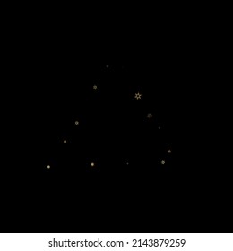 Falling Snow flakes golden pattern. Illustration with flying gold snow, frost, snowfall. Winter print for christmas celebration on black night background. Holiday Vector illustration for New Year.