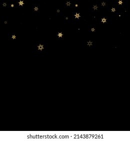 Falling Snow flakes golden pattern. Illustration with flying gold snow, frost, snowfall. Winter print for christmas celebration on black night background. Holiday Vector illustration for New Year.