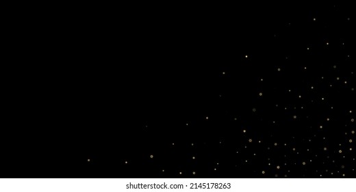 Falling Snow flakes golden pattern. Illustration with flying gold snow, frost, snowfall. Winter print for christmas celebration on black night background. Holiday Vector illustration for New Year.