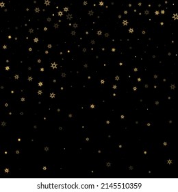 Fallender Schnee flattert goldenes Muster. Illustration mit fliegendem Goldschnee, Frost, Schneefall. Winterdruck für Weihnachten auf schwarzem Nachthintergrund. Ferienvektorgrafik für Neujahr.