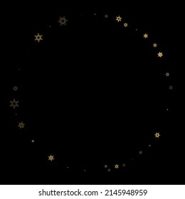 Fallender Schnee flattert goldenes Muster. Illustration mit fliegendem Goldschnee, Frost, Schneefall. Winterdruck für Weihnachten auf schwarzem Nachthintergrund. Ferienvektorgrafik für Neujahr.