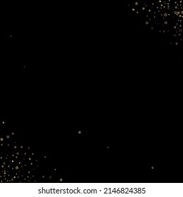 Falling Snow flakes golden pattern. Illustration with flying gold snow, frost, snowfall. Winter print for christmas celebration on black night background. Holiday Vector illustration for New Year.