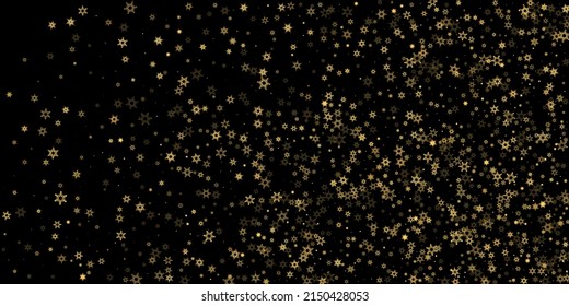 Falling Snow flakes golden pattern. Illustration with flying gold snow, frost, snowfall. Winter print for christmas celebration on black night background. Holiday Vector illustration for New Year.