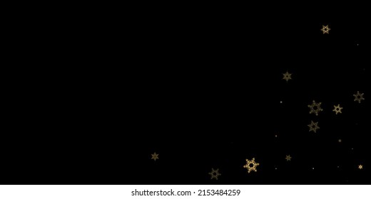 Falling Snow flakes golden pattern. Illustration with flying gold snow, frost, snowfall. Winter print for christmas celebration on black night background. Holiday Vector illustration for New Year.
