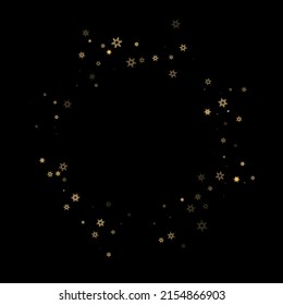 Falling Snow flakes golden pattern. Illustration with flying gold snow, frost, snowfall. Winter print for christmas celebration on black night background. Holiday Vector illustration for New Year.