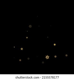 Falling Snow flakes golden pattern. Illustration with flying gold snow, frost, snowfall. Winter print for christmas celebration on black night background. Holiday Vector illustration for New Year.