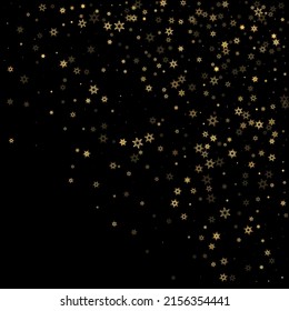 Falling Snow flakes golden pattern. Illustration with flying gold snow, frost, snowfall. Winter print for christmas celebration on black night background. Holiday Vector illustration for New Year.