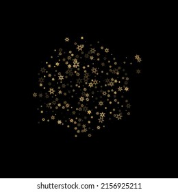 Falling Snow flakes golden pattern. Illustration with flying gold snow, frost, snowfall. Winter print for christmas celebration on black night background. Holiday Vector illustration for New Year.