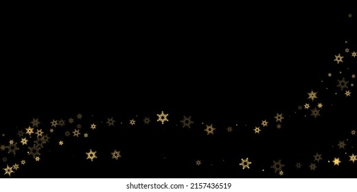 Falling Snow flakes golden pattern. Illustration with flying gold snow, frost, snowfall. Winter print for christmas celebration on black night background. Holiday Vector illustration for New Year.