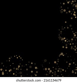 Falling Snow flakes golden pattern. Illustration with flying gold snow, frost, snowfall. Winter print for christmas celebration on black night background. Holiday Vector illustration for New Year.