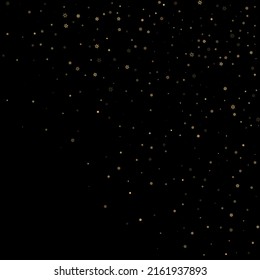 Falling Snow flakes golden pattern. Illustration with flying gold snow, frost, snowfall. Winter print for christmas celebration on black night background. Holiday Vector illustration for New Year.