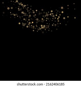 Falling Snow flakes golden pattern. Illustration with flying gold snow, frost, snowfall. Winter print for christmas celebration on black night background. Holiday Vector illustration for New Year.