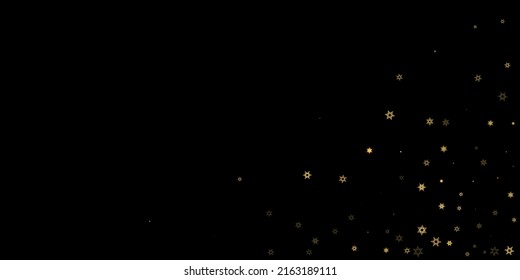 Falling Snow flakes golden pattern. Illustration with flying gold snow, frost, snowfall. Winter print for christmas celebration on black night background. Holiday Vector illustration for New Year.