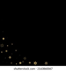 Falling Snow flakes golden pattern. Illustration with flying gold snow, frost, snowfall. Winter print for christmas celebration on black night background. Holiday Vector illustration for New Year.