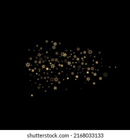Falling Snow flakes golden pattern. Illustration with flying gold snow, frost, snowfall. Winter print for christmas celebration on black night background. Holiday Vector illustration for New Year.