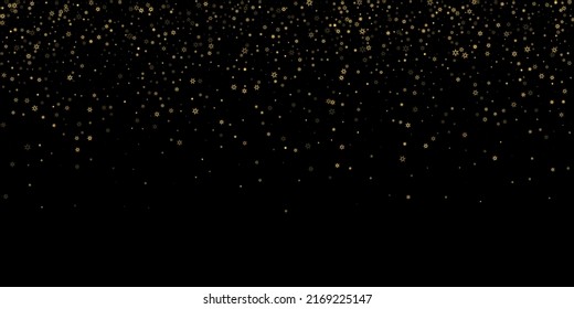 Falling Snow flakes golden pattern. Illustration with flying gold snow, frost, snowfall. Winter print for christmas celebration on black night background. Holiday Vector illustration for New Year.