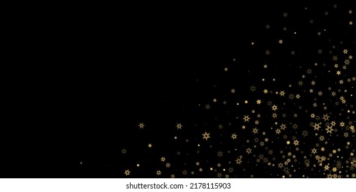 Falling Snow flakes golden pattern. Illustration with flying gold snow, frost, snowfall. Winter print for christmas celebration on black night background. Holiday Vector illustration for New Year.