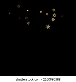 Falling Snow flakes golden pattern. Illustration with flying gold snow, frost, snowfall. Winter print for christmas celebration on black night background. Holiday Vector illustration for New Year.