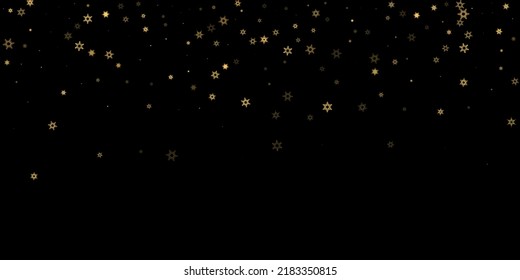 La nieve en caída tiñe un patrón dorado. Ilustración con nieve de oro volando, helada, nevada. Impresión de invierno para celebración de navidad en el fondo negro de la noche. Ilustración del vector de vacaciones para Año Nuevo.