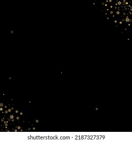 Falling Snow flakes golden pattern. Illustration with flying gold snow, frost, snowfall. Winter print for christmas celebration on black night background. Holiday Vector illustration for New Year.